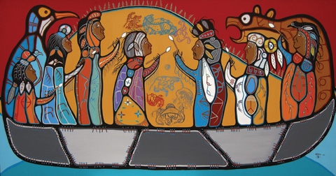 Indigenous painting of figures in boat