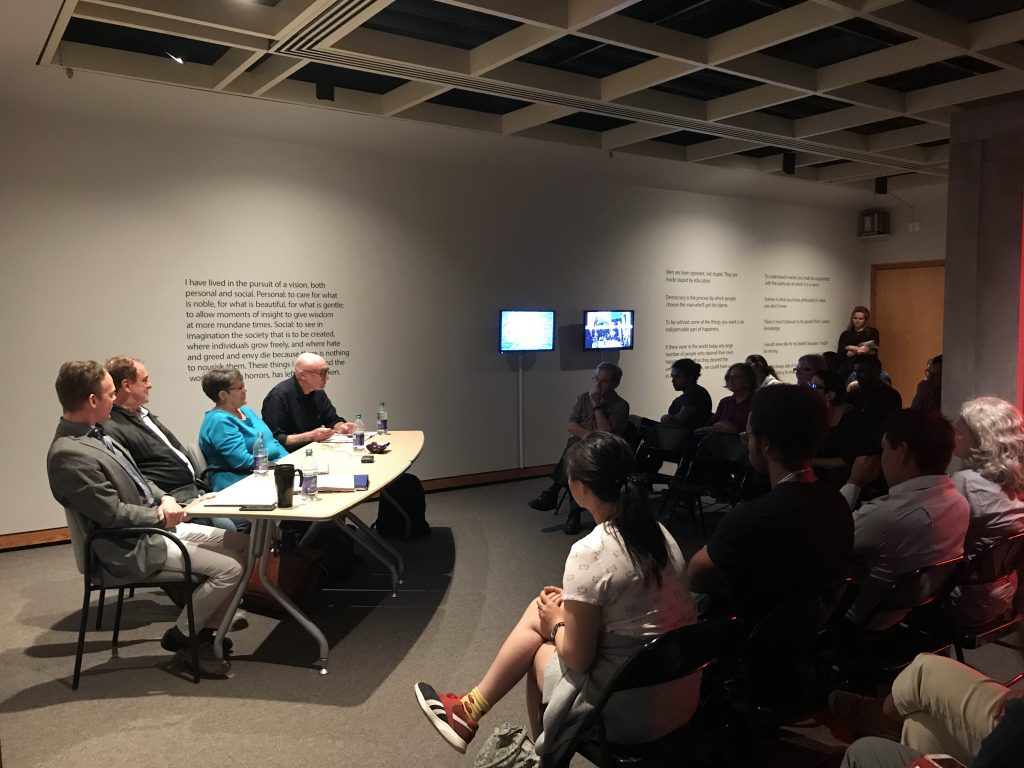 The Bertrand Russell Reading Room Panelists (from left): James Ingram, Neil McLaughlin, Virginia Aksan, and Bruce Barber. Sept 18/18 at McMaster Museum of Art