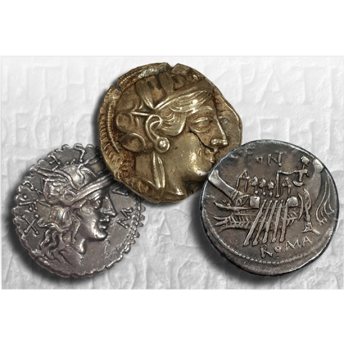 From left: Roman Republic silver Denarius of C. Poblicius Malleolus, 118 BCE, Purchase, 1946; Athenian silver tetradrachm, after 449 BCE. Gift of B.R. Brace, 1995; Roman Republic silver Denarius of C. Fonteius, 114 BCE. Gift of Dr. A.G. McKay, 2004
