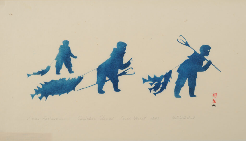 Stencil on paper of blue hunters dragging fish on line behind them
