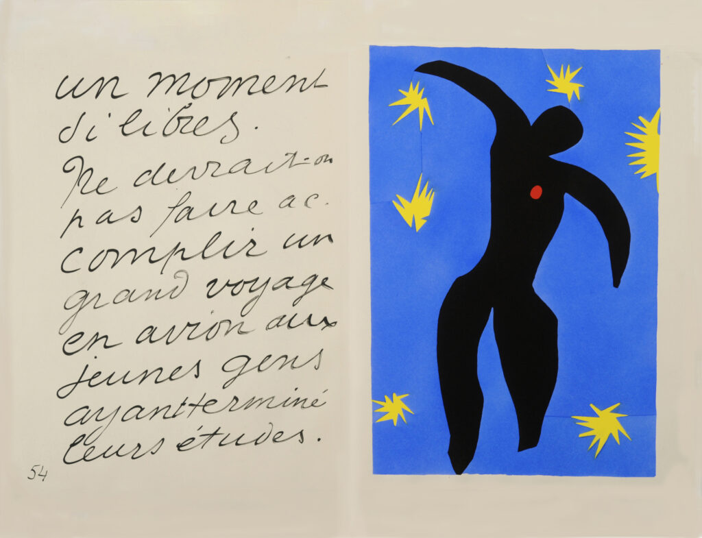 Postcard with black cursive text on the left and black cartoon silhouette dancing amongst yellow stars against a blue background on the right