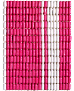 Lines of white and pink beads in vertical lines