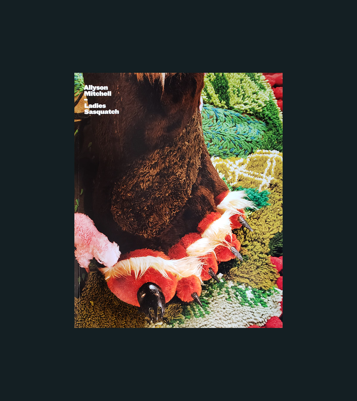 Book cover with image of a large stuffed sasquatch foot atop of a multi coloured knit rug