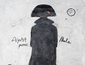 image of obscured dark figure on a white background with scrawls of black text surrounding