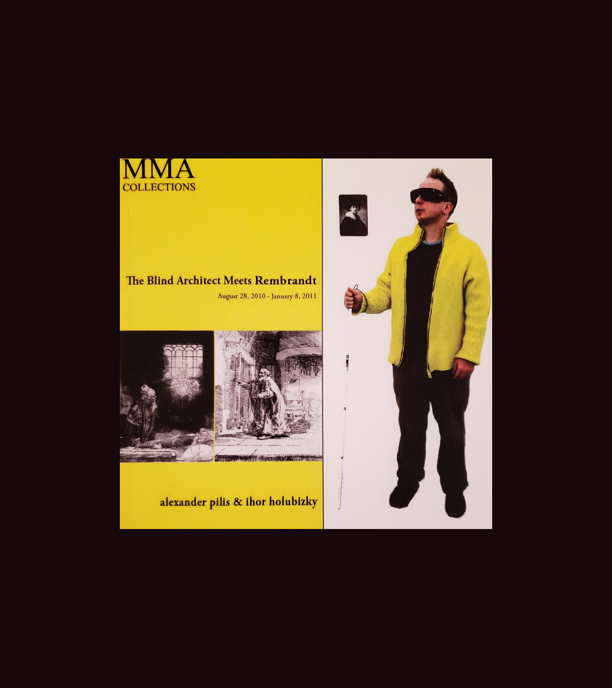 Yellow book cover with black title, at right there is an image of a man wearing glasses and using a walking stick