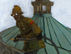 painting of a man in uniform holding a small hose in front of a building