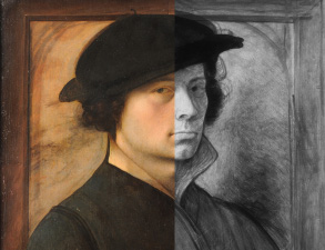 Portrait of a man in a hat staring at the viewer, the left side is in colour and the right side sketched in black and white