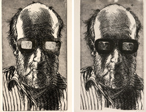 two black and white portraits of a man in a striped shirt with glasses