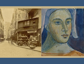 collage of historic buildng next to a painted portrait of a woman's face