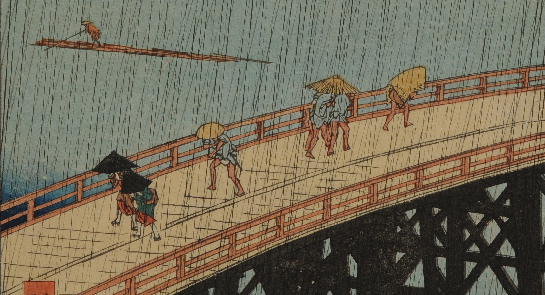 Print of people on a bridge in a rainstorm