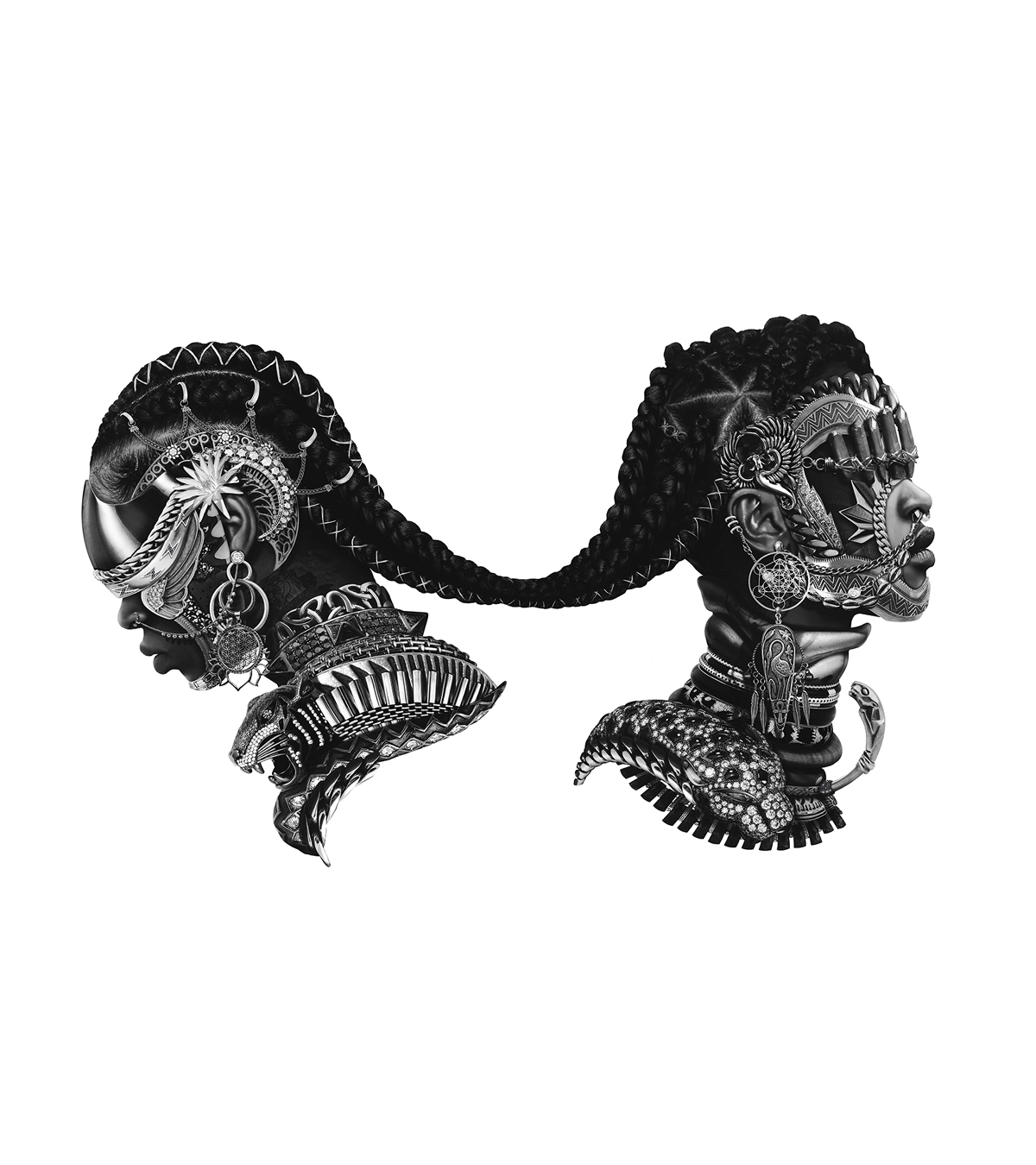 Black and white image of two Black person's head adorned with metal armour and jewelry, connected via a tied braid
