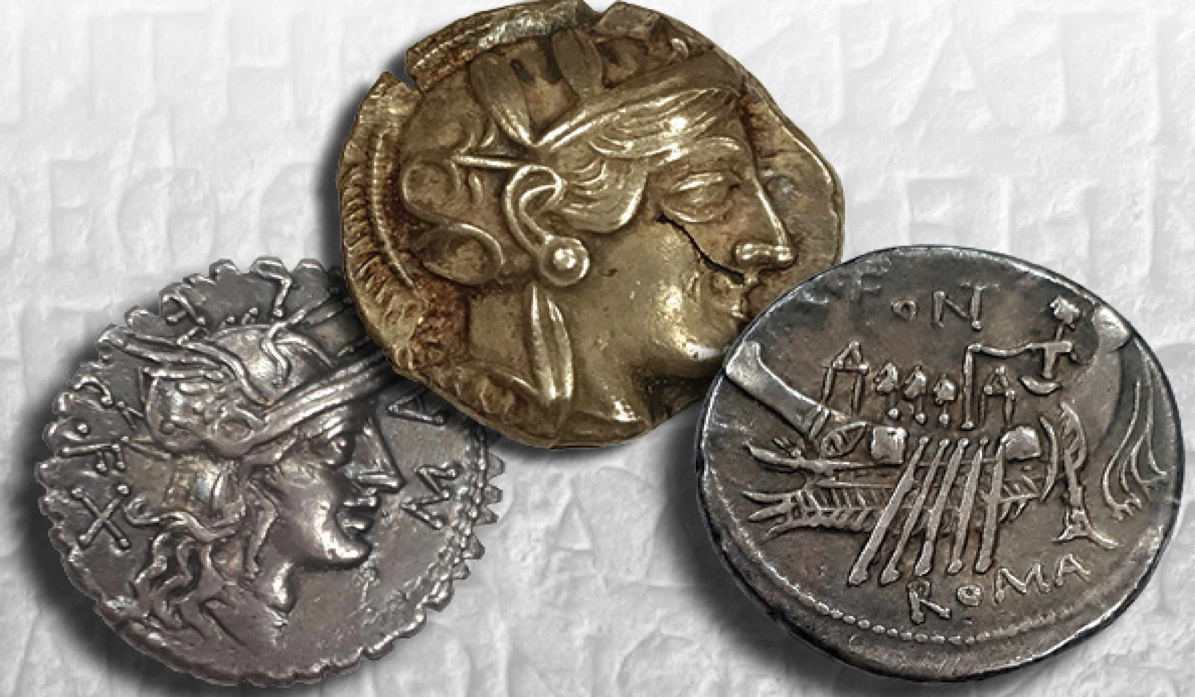 From left: Roman Republic silver Denarius of C. Poblicius Malleolus, 118 BCE, Purchase, 1946; Athenian silver tetradrachm, after 449 BCE. Gift of B.R. Brace, 1995; Roman Republic silver Denarius of C. Fonteius, 114 BCE. Gift of Dr. A.G. McKay, 2004
