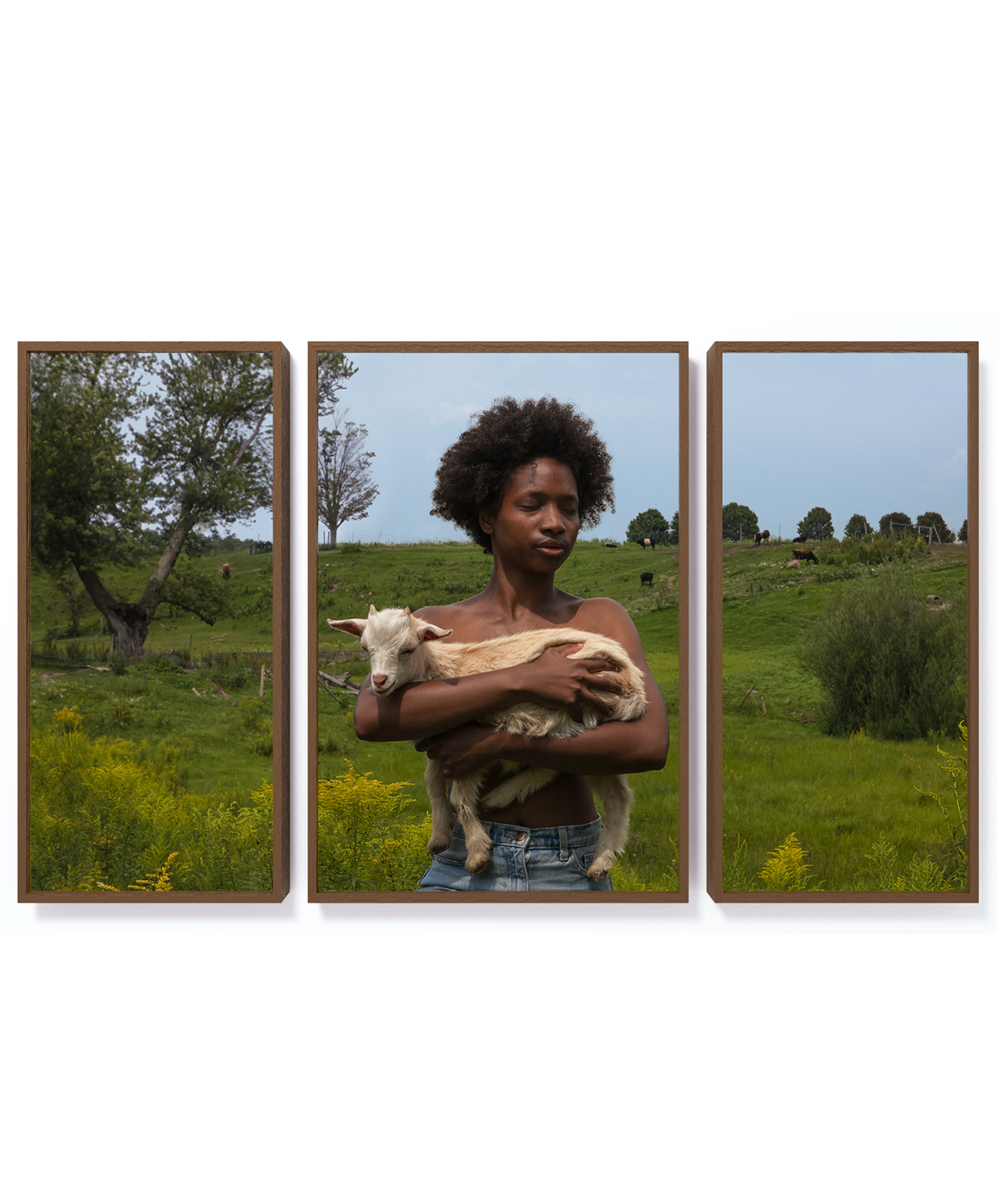 A triptych photograph. In the middle panel a Black perosn is shown with their eyes wearing jeans and holding a small goat. The background and adjacent two panels show a rolling green hill landscape and blue sky.