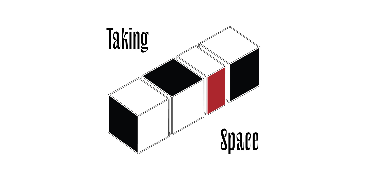 Taking space logo : a series of 4 blocks attached together with 1 side of each block coloured either red or black