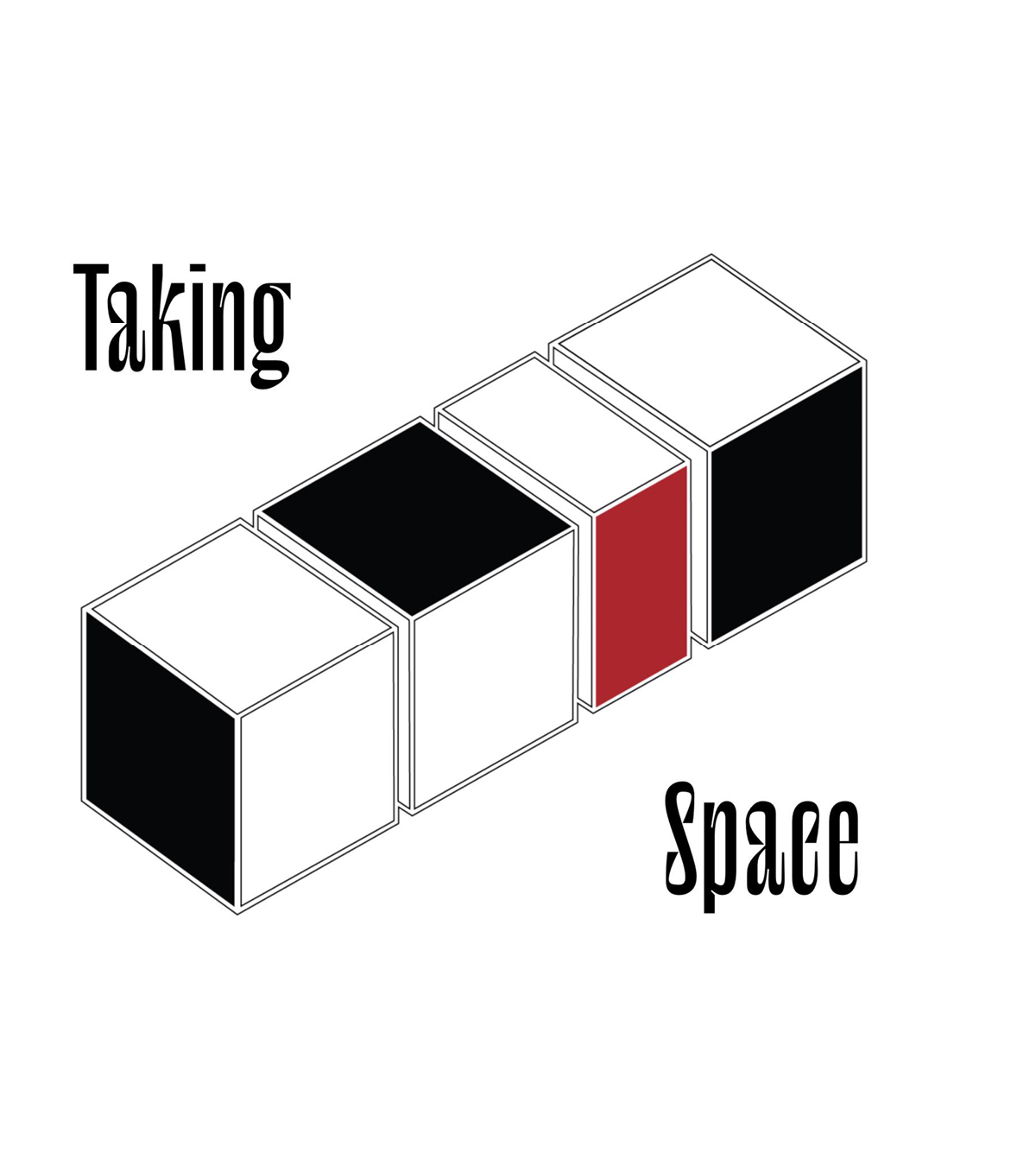 Taking space logo: a series of 4 blocks attached together with 1 side of each block coloured either red or black