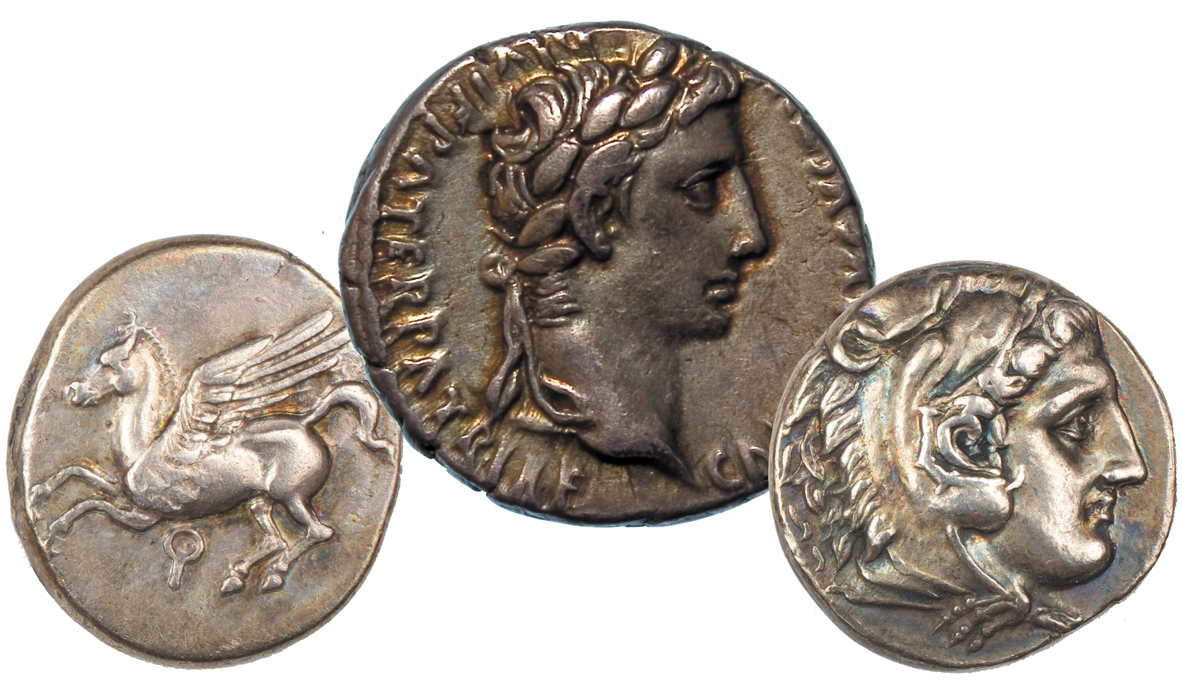 Three ancient coins - at left the coin features a pegasus, and the middle and right coins feature heads