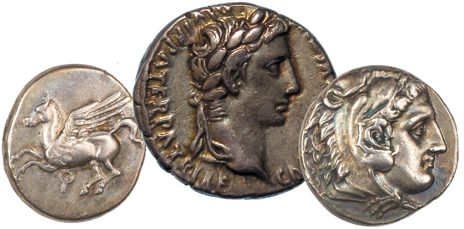 Three ancient coins - at left the coin features a pegasus, and the middle and right coins feature heads
