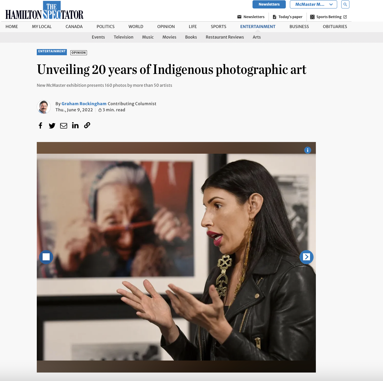 Screenshot from Hamilton Spectator article featuring title and picture of Rheanne Chartrand in NIIPA 20/20 exhibition