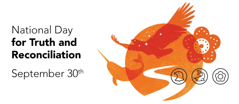 National Day for Truth and Reconciliation - September 30th with a bright orange graphic of a narwhal, bird and flower in the sky