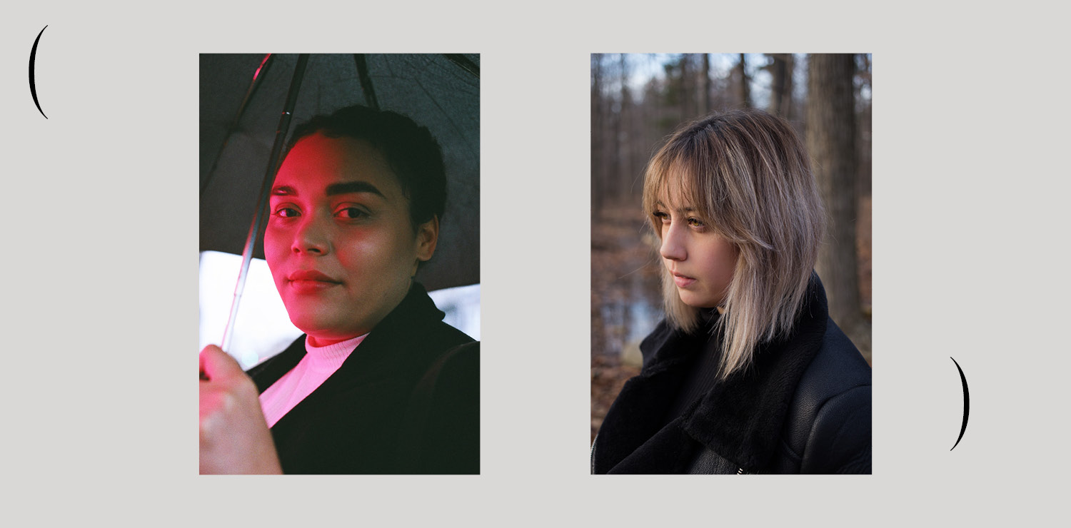 Grey background with two photographs of the 2022/2023 mentees for the BIPOC Curatorial Mentorship Program, these images are in between the M(M)A branded brackets. The portraits are of Sarah-Tai Black (photo taken by Alyson Hardwick), and Alex Jacobs-Blum.
