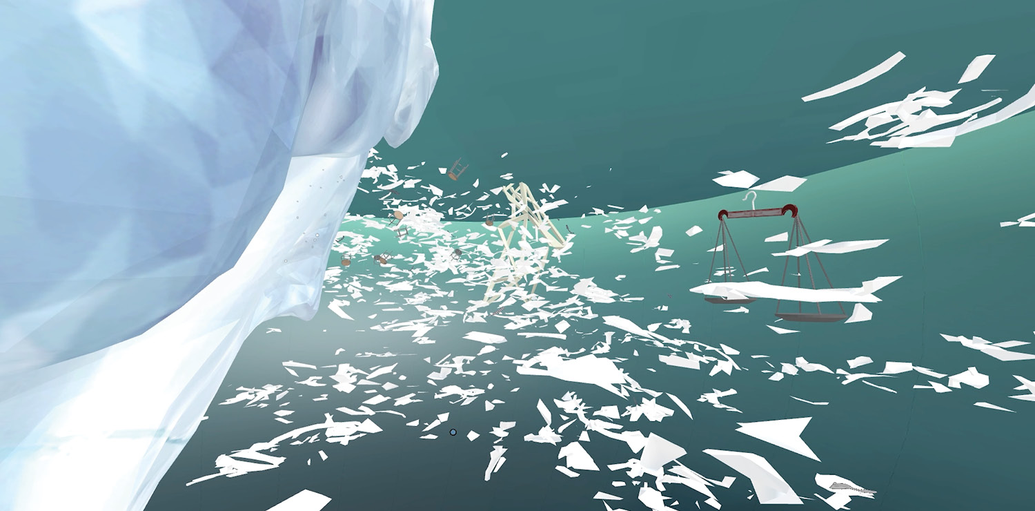 Screen grab of the virtual artwork refuge (SIREN), by nichola feldman-kiss & Matheuszik with SPATIAL-ESK. The image shows an underwater landscape with an iceberg, floating scales, and a far away architectural structure surrounded by floating stools.