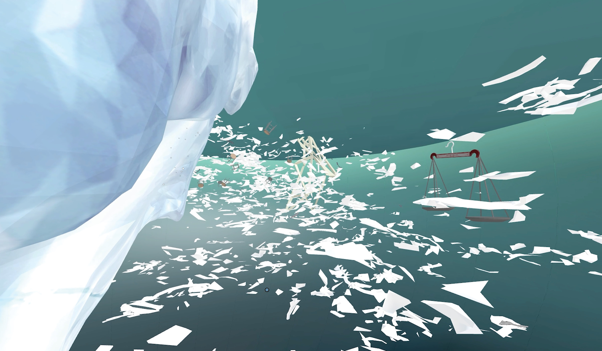 Screen grab of the virtual artwork refuge (SIREN), by nichola feldman-kiss & Matheuszik with SPATIAL-ESK. The image shows an underwater landscape with an iceberg, floating scales, and a far away architectural structure surrounded by floating stools.