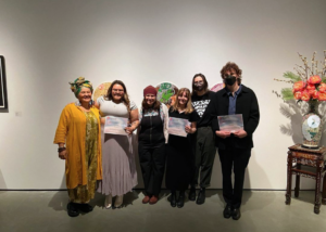 Group photo of the SUMMA 2023 award winners accompanied by curator Mosa McNeilly and McMaster Studio Arts Faculty Adrien Crossman and Briana Palmer.
