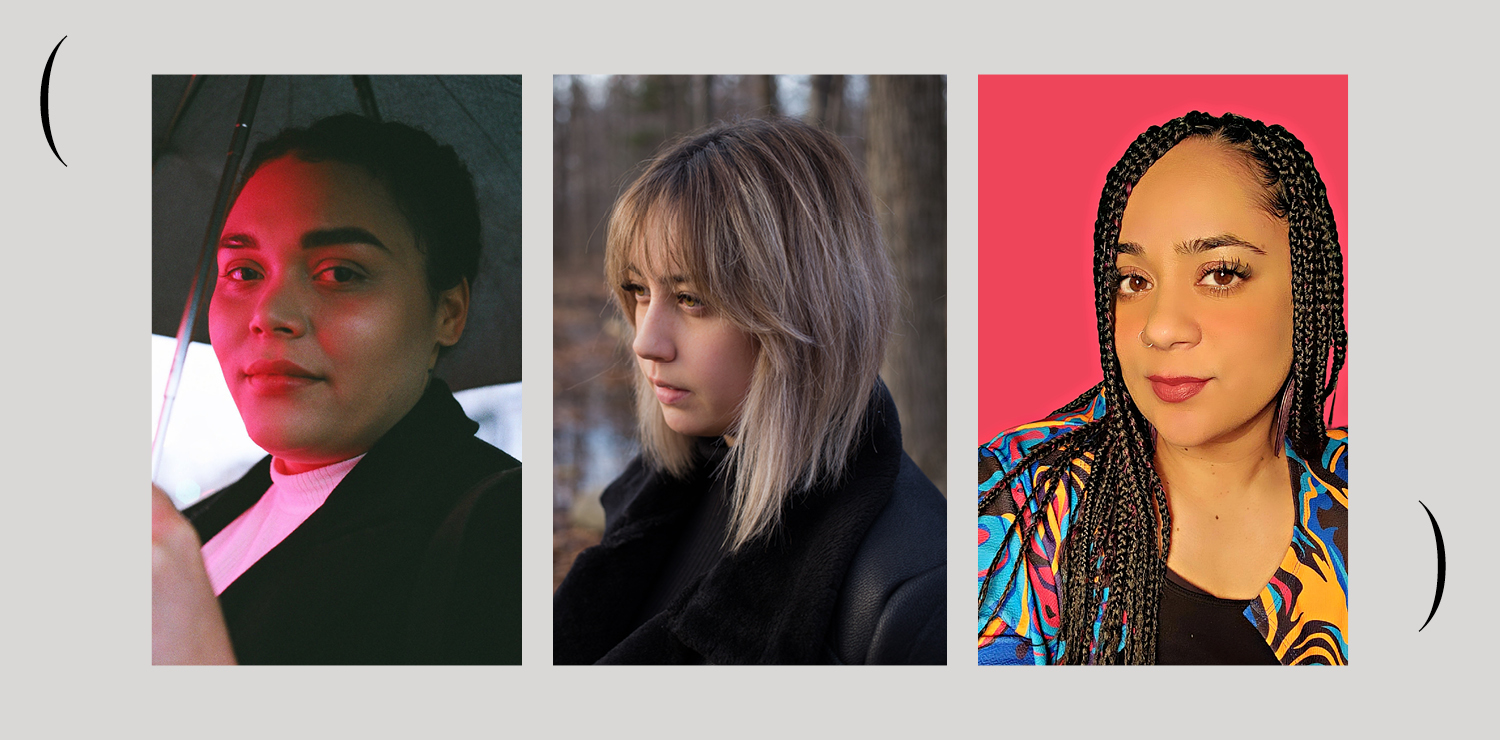Grey background with three photographs of mentees in the BIPOC Curatorial Mentorship Program, these images are in between the M(M)A branded brackets. The portraits are of Sarah-Tai Black (photo taken by Alyson Hardwick), and Alex Jacobs-Blum, and Christina Leslie.