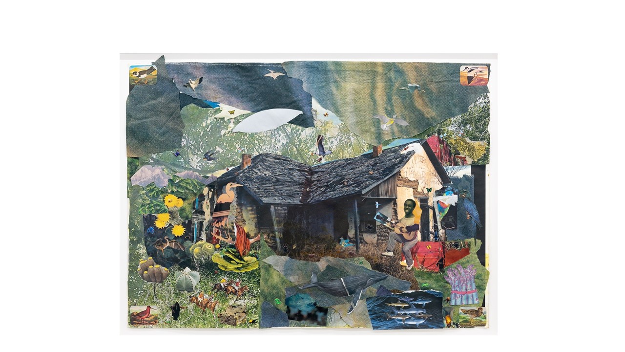 Artwork made out of collaged images on paper featuring a rustic cabin surrounded by flora, fauna, birds, whales,